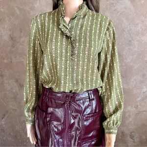 Vintage 70s Green Paisley Ruffle Blouse Button Up Retro Shirt Women’s fit S-M